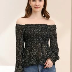 Women Allegra K Square Neck Long Bell Sleeve Floral Print Smocked Blouse