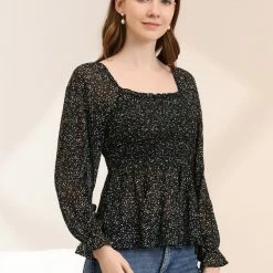 Women Allegra K Square Neck Long Bell Sleeve Floral Print Smocked Blouse