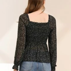 Women Allegra K Square Neck Long Bell Sleeve Floral Print Smocked Blouse