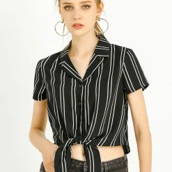 Allegra K Retro Striped Button Up Short Sleeve Tie Front Crop Shirt Women 71 Allegra K Retro Striped Button Up Short Sleeve Tie Front Crop Shirt Women