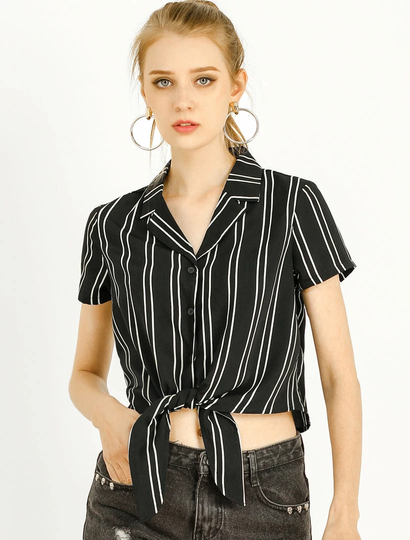 Allegra K Retro Striped Button Up Short Sleeve Tie Front Crop Shirt Women 29 Allegra K Retro Striped Button Up Short Sleeve Tie Front Crop Shirt Women