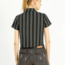 Allegra K Retro Striped Button Up Short Sleeve Tie Front Crop Shirt Women 72 Allegra K Retro Striped Button Up Short Sleeve Tie Front Crop Shirt Women