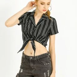 Allegra K Retro Striped Button Up Short Sleeve Tie Front Crop Shirt Women 73 Allegra K Retro Striped Button Up Short Sleeve Tie Front Crop Shirt Women