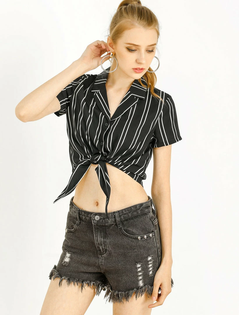 Allegra K Retro Striped Button Up Short Sleeve Tie Front Crop Shirt Women 31 Allegra K Retro Striped Button Up Short Sleeve Tie Front Crop Shirt Women