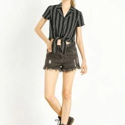 Allegra K Retro Striped Button Up Short Sleeve Tie Front Crop Shirt Women 74 Allegra K Retro Striped Button Up Short Sleeve Tie Front Crop Shirt Women