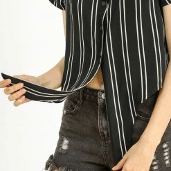 Allegra K Retro Striped Button Up Short Sleeve Tie Front Crop Shirt Women 75 Allegra K Retro Striped Button Up Short Sleeve Tie Front Crop Shirt Women