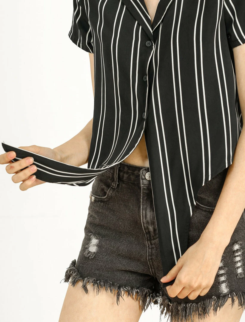 Allegra K Retro Striped Button Up Short Sleeve Tie Front Crop Shirt Women 33 Allegra K Retro Striped Button Up Short Sleeve Tie Front Crop Shirt Women