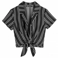 Allegra K Retro Striped Button Up Short Sleeve Tie Front Crop Shirt Women 70 Allegra K Retro Striped Button Up Short Sleeve Tie Front Crop Shirt Women