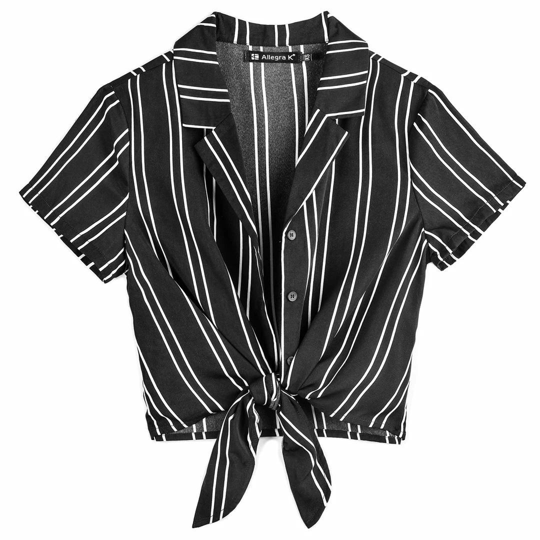 Allegra K Retro Striped Button Up Short Sleeve Tie Front Crop Shirt Women 28 Allegra K Retro Striped Button Up Short Sleeve Tie Front Crop Shirt Women