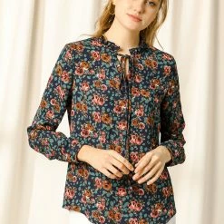Allegra K Women's Tie Ruffled Neckline Polka Dots Long Sleeves Floral Blouse Tops