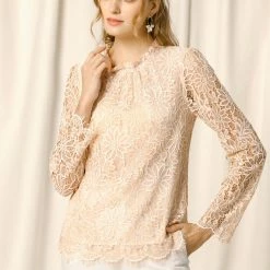 Allegra K Lace Long Sleeve Ruffle Round Neck Floral Blouse Women