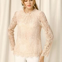 Allegra K Lace Long Sleeve Ruffle Round Neck Floral Blouse Women