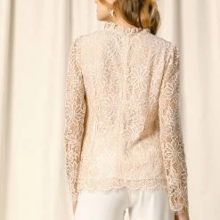 Allegra K Lace Long Sleeve Ruffle Round Neck Floral Blouse Women