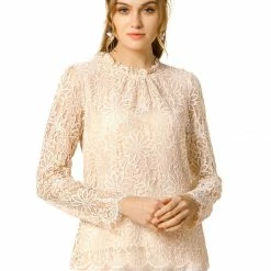 Allegra K Lace Long Sleeve Ruffle Round Neck Floral Blouse Women