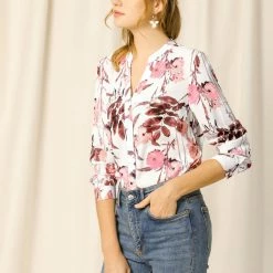 Allegra K Button Down Stand Collar V Neck Long Sleeve Floral Blouse Women 89 Allegra K Button Down Stand Collar V Neck Long Sleeve Floral Blouse Women