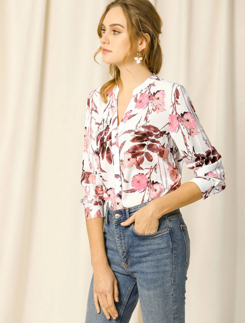 Allegra K Button Down Stand Collar V Neck Long Sleeve Floral Blouse Women 41 Allegra K Button Down Stand Collar V Neck Long Sleeve Floral Blouse Women