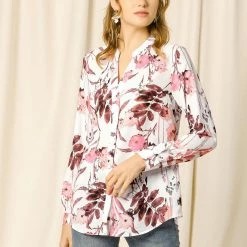 Allegra K Button Down Stand Collar V Neck Long Sleeve Floral Blouse Women 90 Allegra K Button Down Stand Collar V Neck Long Sleeve Floral Blouse Women