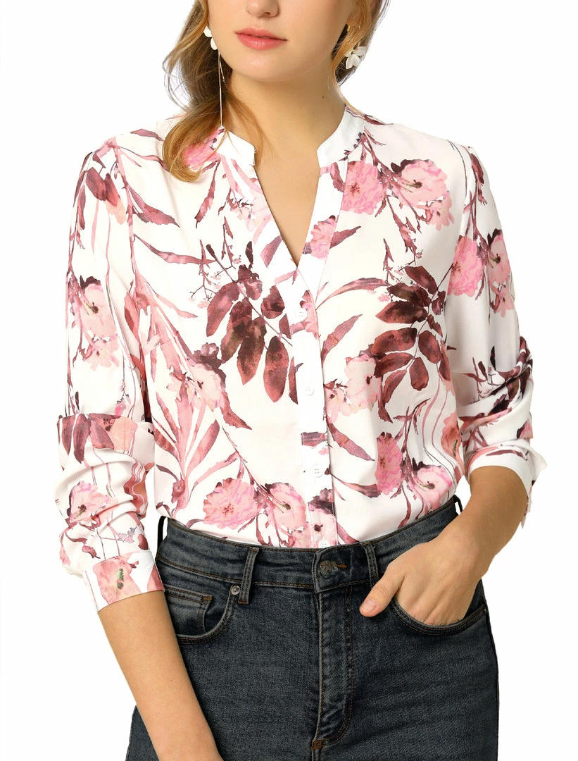 Allegra K Button Down Stand Collar V Neck Long Sleeve Floral Blouse Women 40 Allegra K Button Down Stand Collar V Neck Long Sleeve Floral Blouse Women