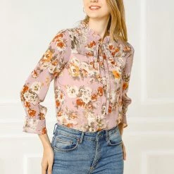 Allegra K Long Sleeve Tie Neck Ruffle Collar Floral Print Top