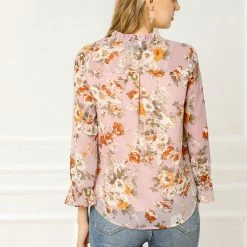 Allegra K Long Sleeve Tie Neck Ruffle Collar Floral Print Top