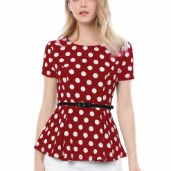 Allegra K Short Sleeves Contrast Belt Polka Dots Peplum Top Women
