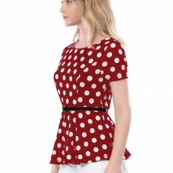 Allegra K Short Sleeves Contrast Belt Polka Dots Peplum Top Women