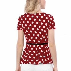 Allegra K Short Sleeves Contrast Belt Polka Dots Peplum Top Women