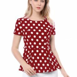 Allegra K Short Sleeves Contrast Belt Polka Dots Peplum Top Women