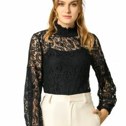Allegra K Women's Lace Tops Vintage Semi Sheer Long Sleeve Turtleneck Blouses Shirts 58 Allegra K Women's Lace Tops Vintage Semi Sheer Long Sleeve Turtleneck Blouses Shirts