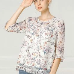 Allegra K Women's Casual Ruffle 3/4 Sleeve Floral Print Chiffon Blouse 74 Allegra K Women's Casual Ruffle 3/4 Sleeve Floral Print Chiffon Blouse