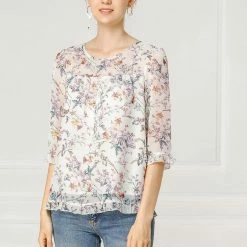 Allegra K Women's Casual Ruffle 3/4 Sleeve Floral Print Chiffon Blouse 75 Allegra K Women's Casual Ruffle 3/4 Sleeve Floral Print Chiffon Blouse