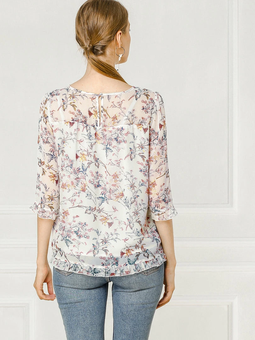 Allegra K Women's Casual Ruffle 3/4 Sleeve Floral Print Chiffon Blouse 25 Allegra K Women's Casual Ruffle 3/4 Sleeve Floral Print Chiffon Blouse