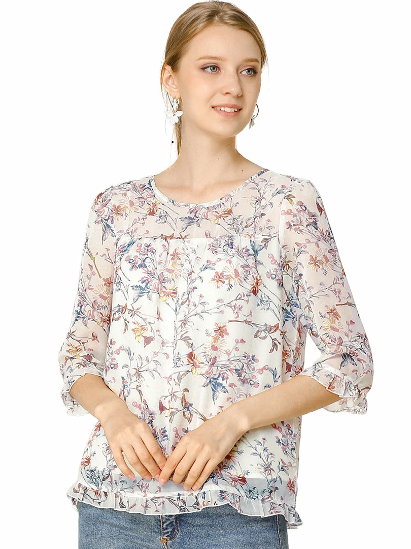 Allegra K Women's Casual Ruffle 3/4 Sleeve Floral Print Chiffon Blouse 21 Allegra K Women's Casual Ruffle 3/4 Sleeve Floral Print Chiffon Blouse