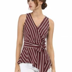 Allegra K Diagonal Stripes Tie Waist Wrap Top Women