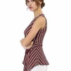 Allegra K Diagonal Stripes Tie Waist Wrap Top Women