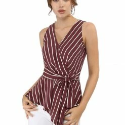 Allegra K Diagonal Stripes Tie Waist Wrap Top Women