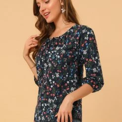 Women Allegra K Floral Print 3/4 Raglan Sleeve Drawstring Round Neck Blouse