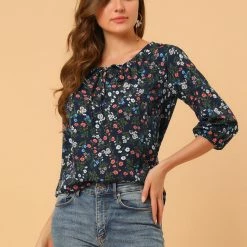 Women Allegra K Floral Print 3/4 Raglan Sleeve Drawstring Round Neck Blouse