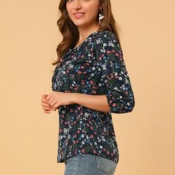 Women Allegra K Floral Print 3/4 Raglan Sleeve Drawstring Round Neck Blouse