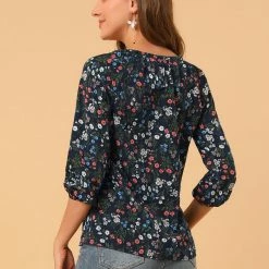 Women Allegra K Floral Print 3/4 Raglan Sleeve Drawstring Round Neck Blouse