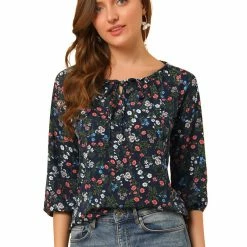 Women Allegra K Floral Print 3/4 Raglan Sleeve Drawstring Round Neck Blouse