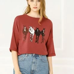 Allegra K Drop Shoulder 3/4 Sleeves Horse Print Loose Top 87 Allegra K Drop Shoulder 3/4 Sleeves Horse Print Loose Top