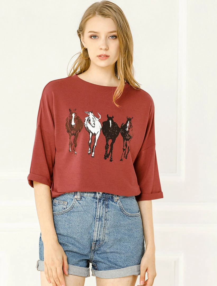 Allegra K Drop Shoulder 3/4 Sleeves Horse Print Loose Top 40 Allegra K Drop Shoulder 3/4 Sleeves Horse Print Loose Top