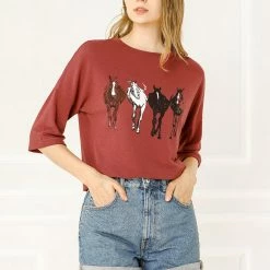 Allegra K Drop Shoulder 3/4 Sleeves Horse Print Loose Top 88 Allegra K Drop Shoulder 3/4 Sleeves Horse Print Loose Top