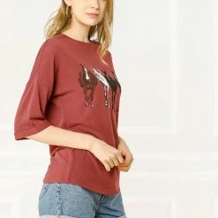 Allegra K Drop Shoulder 3/4 Sleeves Horse Print Loose Top 89 Allegra K Drop Shoulder 3/4 Sleeves Horse Print Loose Top
