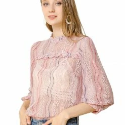 Allegra K 3/4 Sleeves Ruffle Mock Neck Sheer Lace Top