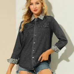 Allegra K Leopard Print Button Up Top Rolled Cuff Loose Denim Shirt
