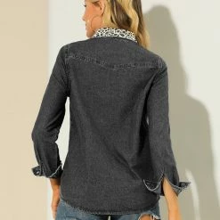 Allegra K Leopard Print Button Up Top Rolled Cuff Loose Denim Shirt