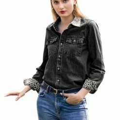 Allegra K Leopard Print Button Up Top Rolled Cuff Loose Denim Shirt