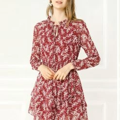 Allegra K Floral Printed Ruffled Tie V Neck Smocked Waist Dress 119 Allegra K Floral Printed Ruffled Tie V Neck Smocked Waist Dress